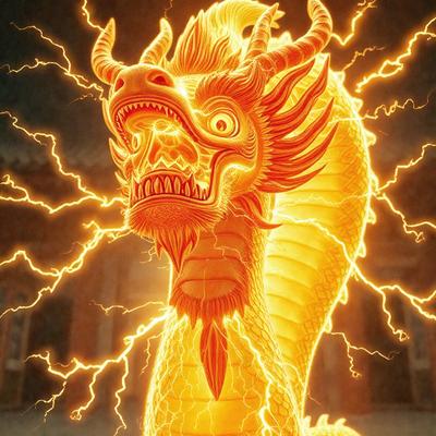 The primary subject of the image is a dragon, which is the main object, scene, or focus of the image. The dragon is depicted in a vibrant and colorful manner, with its body and head illuminated by a bright light. The setting or background of the image features a building, which adds to the overall atmosphere of the scene. The visual style of the image is a combination of photo and digital art, creating a unique and eye-catching representation of the dragon. The colors and mood of